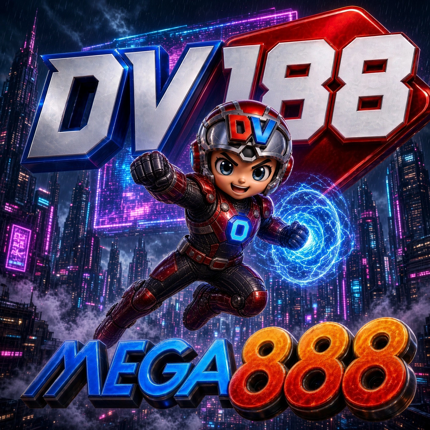 Mega888 and DV188 artwork with a red-armoured mascot in a colourful neon street